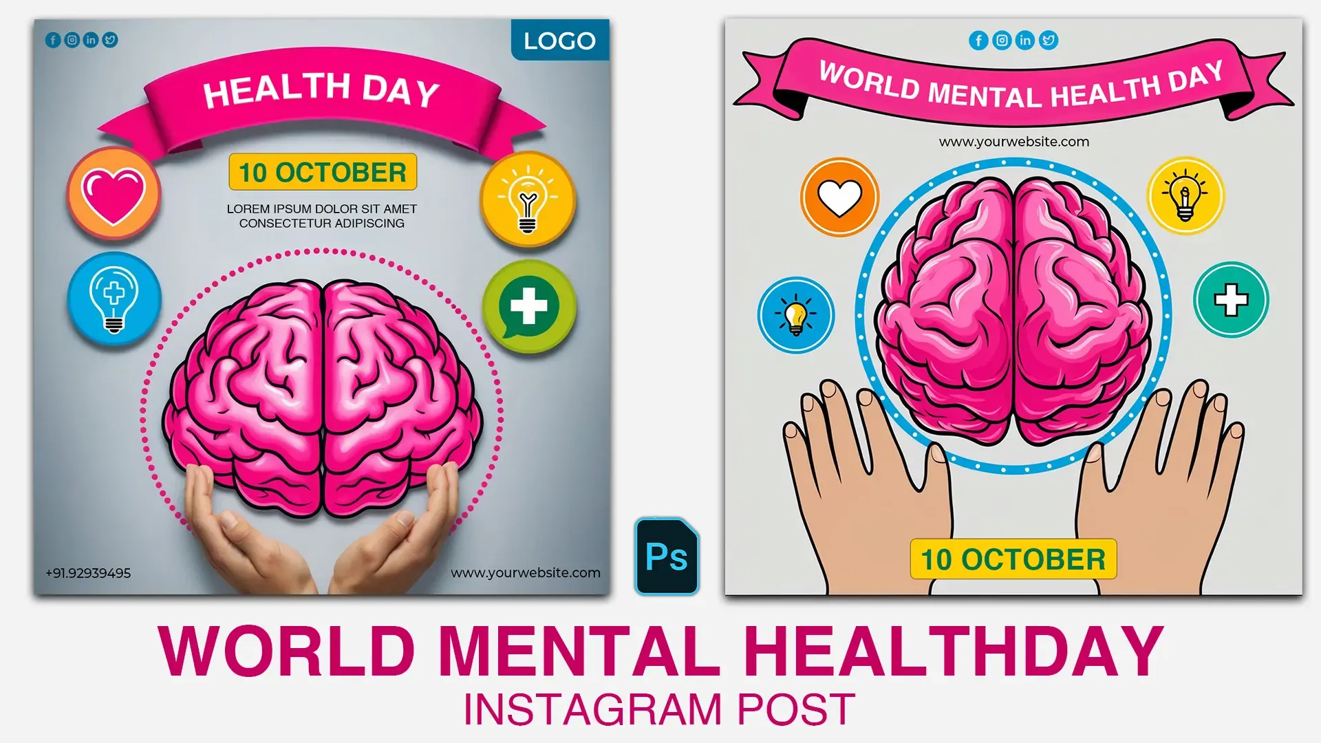 World Mental Health Day Instagram Post Design Featuring Brain and Wellness Symbols